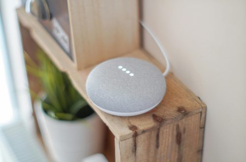 google home mini on a wooden floating shelf